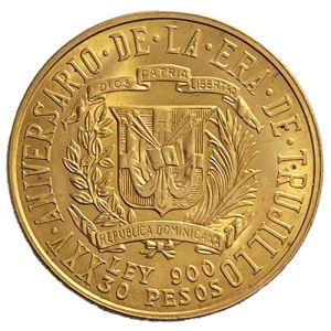 26,7 g Gold 30 Pesos Dominicana 1955